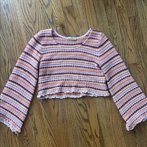 Altar'd State Pink Striped Cropped Crewneck Sweater